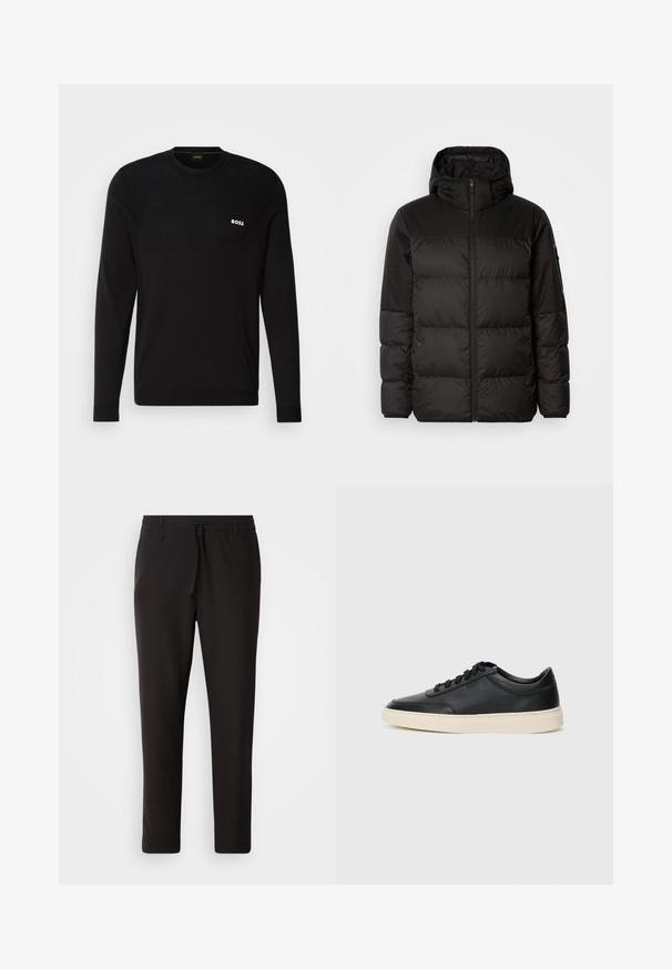 A fekete steppelt dzseki cipzáros záródással, kapucnival, steppelt részekkel és rugalmas mandzsettákkal rendelkezik, sima, vízálló anyagból készült.; Fekete hosszúujjú pulóver kötött anyagból, kerek nyakkal, bordás mandzsettával és egy kis fehér "BOSS" logóval a mellrészen.; Fekete jogger nadrág sima anyagból. Rugalmas derekú, húzózsinórral, tapered lábakkal és látható zsebek nélkül készül. Egyszerű dizájn.; Fekete, alacsony szárú bőrsneaker fekete fűzőkkel és törtfehér talppal, oldalnézetben, fehér háttér előtt.