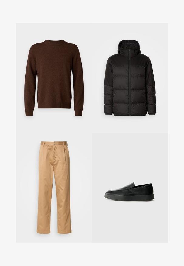 Juodas pūkinis švarkas turi užtrauktuką, gobtuvą, siūlinčius skyrius ir elastinius rankogalius, pagamintas iš lygaus, vandeniui atsparaus medžiagos.; Samsøe Samsøe ISAK SWEATER - Džemperis - chocolate torte; Kaki kelnės, medvilnės mišinys, tiesaus kirpimo dizainas, priekiniai raukiniai, diržo kilpos ir mygtuko uždarymas. Lygus audinys be raštų.; Calvin Klein HYBRID CUP - Įmautiniai batai - triple black