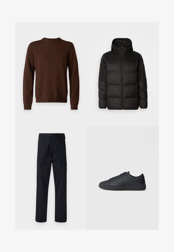 Μαύρο μπουφάν με φερμουάρ, κουκούλα, παραγεμισμένα τμήματα και ελαστικές μανσέτες, κατασκευασμένο από λείο, αδιάβροχο υλικό.; Samsøe Samsøe ISAK SWEATER - Πουλόβερ - chocolate torte; Μαύρο cargo παντελόνι φτιαγμένο από ανθεκτικό ύφασμα, με κανονική γραμμή στα πόδια, δύο πλαϊνές τσέπες και κουμπί στο κλείσιμο της μέσης.; Μαύρα αθλητικά παπούτσια από λεία δερμάτινη υφή, με χαμηλό σχεδιασμό, στρογγυλή μύτη και επίπεδη καουτσούκ σόλα. Διαθέτουν κορδόνια και ήπια σήμανση.