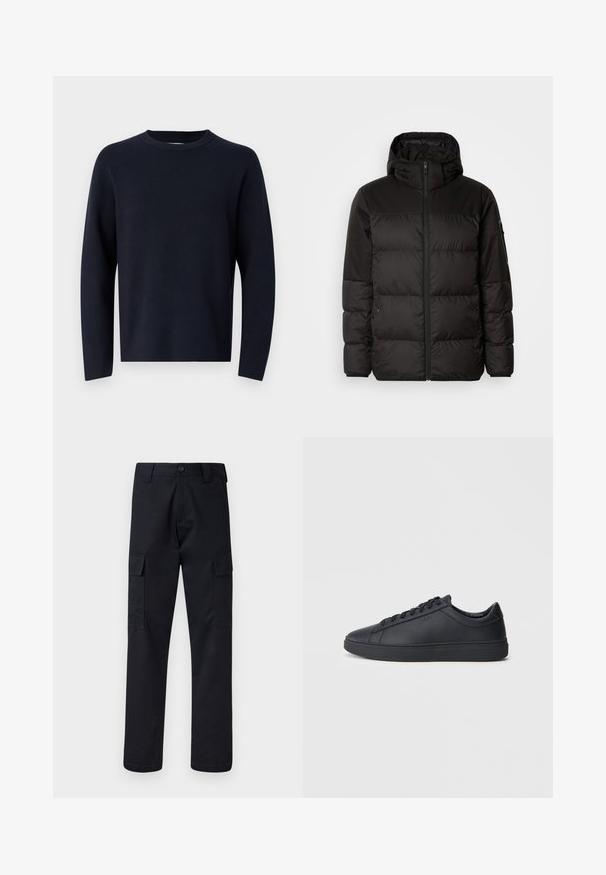 Black puffer jacket features a zip closure, a hood, quilted sections, and elastic cuffs, made from a smooth, water-resistant material.; Navy blue sweater, crew neck, long sleeves, made of soft fabric with a smooth texture. Simple design, no visible patterns or hardware.; Black cargo pants made of sturdy fabric, featuring a straight-leg cut, two side pockets, and a button closure at the waistband.; Black sneakers made of smooth leather with a low-top design, round toe, and flat rubber sole. Features laces and subtle branding.