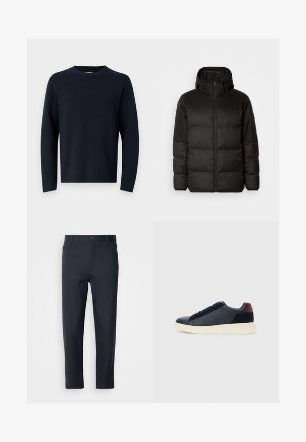 Melna pūkainā jakā iezīmes ir rāvējslēdzēja aizdare, kapuce, kvadrātveida šuves un elastīgas aproces, izgatavota no gludas, ūdensizturīgas vielas.; Jūras zila džemperis, ar apaļu izgriezumu, garām piedurknēm, izgatavots no mīksta auduma ar gludu tekstūru. Vienkāršs dizains, bez redzamiem rakstiem vai detaļām.; Navy zila piegrieztu bikses no gludas auduma, ar rāvējo jāšanu kabatu, taisnām kājām un pogu aizdari jostasvietā.; Zemāko vīriešu sporta apavu modelis melnā ādas un zamša apdarē ar bordo krāsas papēža cilpu un baltu gumijas zoli, skatoties no ārējās puses.