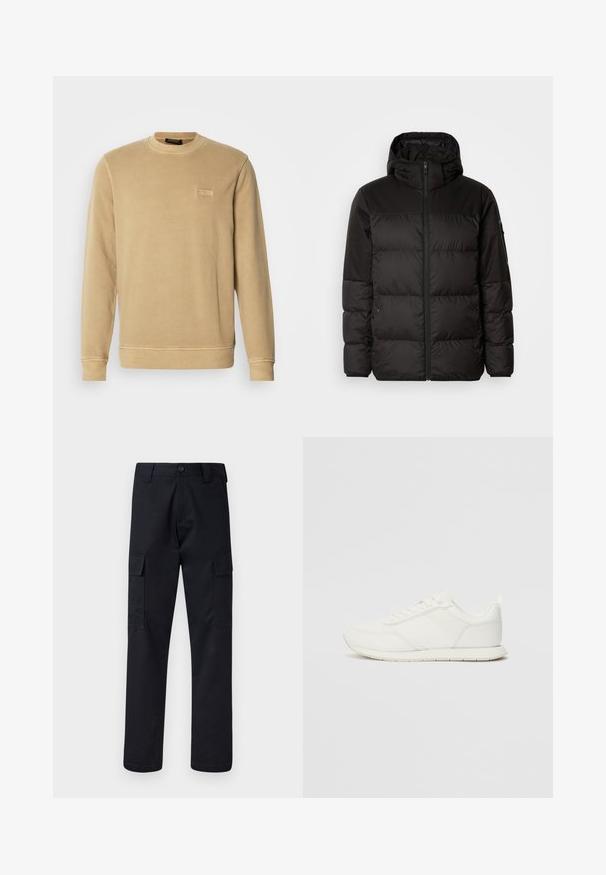 A jaqueta puffer preta apresenta um fecho zip, um capuz, secções acolchoadas e punhos elásticos, confeccionada em um material liso e resistente à água.; Sweatshirt bege de gola redonda feito de material suave, com punhos e barra canelados, apresentando uma pequena etiqueta tonal com logo no peito.; Calças cargo pretas feitas de tecido resistente, com corte de perna direita, dois bolsos laterais e fecho de botão na cintura.; Sapatilha branca com parte superior em malha e sintético, bico arredondado, atacadores planos e uma faixa lateral texturizada. Sola em borracha com uma alça na parte de trás.