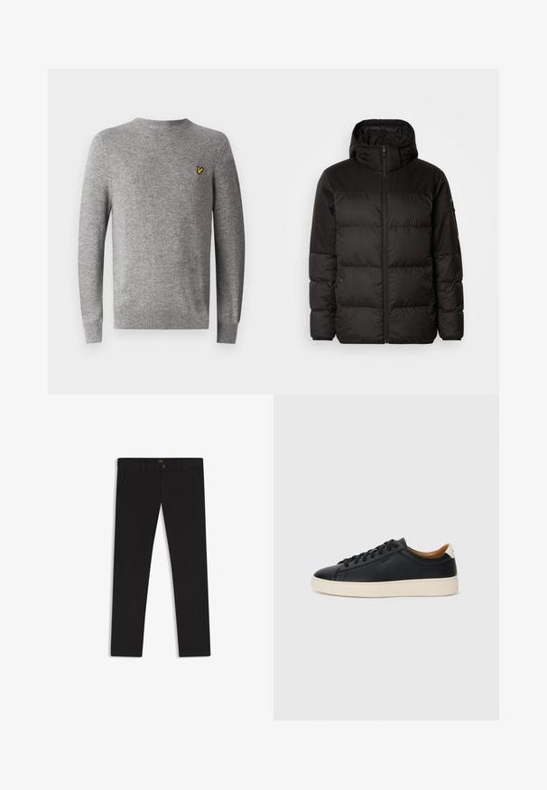 Schwarze Pufferjacke mit Reißverschluss, Kapuze, gesteppten Abschnitten und elastischen Bündchen, hergestellt aus einem glatten, wasserabweisenden Material.; Grauer Strickpullover mit Rundhalsausschnitt und langen Ärmeln. Verfügt über ein kleines gelbes Logo auf der linken Brustseite. Weiche Textur.; Schwarze Hosen aus einem Stoff mit glatter текстуре. Verfügt über einen Knopfverschluss, Gürtelschlaufen und Seitentaschen. Klassisches Design mit geradem Bein.; Schwarze Ledersneaker mit glatter Textur, beiger Gummisohle, Schnürdesign und einem kontrastierenden Fersenakzent.