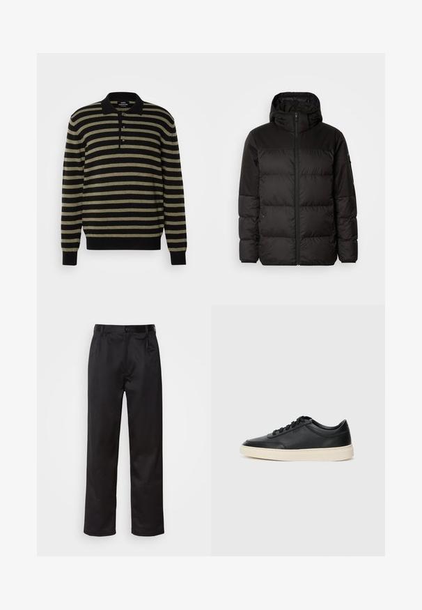 Črna zimska jakna ima zadrgo, kapuco, prešite odseke in elastične manšete, izdelana je iz gladkega, vodoodpornega materiala.; Črno in olivno zelena črtasta jopica s polo ovratnikom, zapenjanjem na tri gumbe ter rebrastimi manšetami in robom. Mehak teksturiran material.; Črne hlače iz gladkega materiala, ki imajo sprednjo zaponko, naborke in ravne noge. Brez vidnih vzorcev ali okraskov.; Črne nizke usnjene teniske s črnimi vezalkami in svetlo belo podplatom, prikazane v stranskem profilu na beli podlagi.