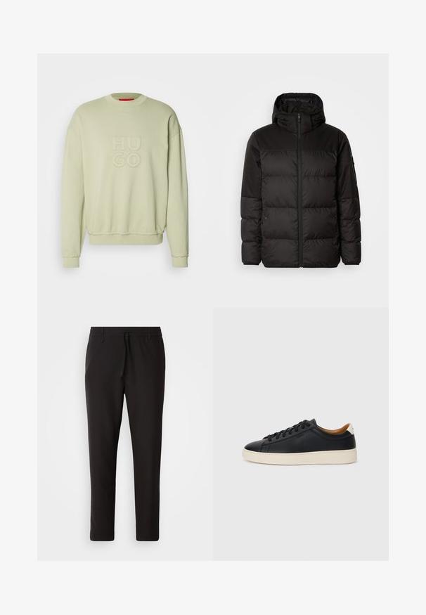 A fekete steppelt dzseki cipzáros záródással, kapucnival, steppelt részekkel és rugalmas mandzsettákkal rendelkezik, sima, vízálló anyagból készült.; Világos zöld pulóver, kerek nyakkivágással, középen texturált "HU GO" logóval, valamint bordázott mandzsettákkal és aljjal. Puha szövettextúra.; Fekete jogger nadrág sima anyagból. Rugalmas derekú, húzózsinórral, tapered lábakkal és látható zsebek nélkül készül. Egyszerű dizájn.; Fekete bőr sportcipők sima felülettel, bézs gumitalppal, fűzős dizájnnal és kontrasztos sarkú akcentussal.