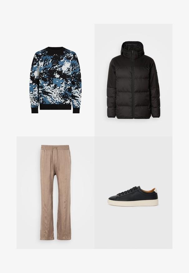 Črna zimska jakna ima zadrgo, kapuco, prešite odseke in elastične manšete, izdelana je iz gladkega, vodoodpornega materiala.; Trikotaža z vzorcem vojaškega kamuflaže v črni, modri in beli barvi, rebrast izrez in manšete ter majhna oznaka na prsih.; Svetlo rjave široke hlače iz gladkega materiala, z elastičnim pasom in vrvico za zategovanje ter dvema sprednjima pregiboma.; Črne usnjene superge z gladko teksturo, bež gumijastim podplatom, zavezovalnim dizajnom in kontrastnim nagibom na peti.