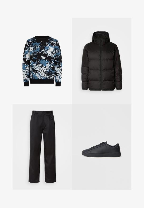 Il giubbotto puffo nero presenta una chiusura con zip, un cappuccio, sezioni trapuntate e polsini elastici, realizzato in un materiale liscio e resistente all'acqua.; Maglione lavorato a maglia con un motivo camouflage nero, blu e bianco, colletto e polsini a costine, e una piccola patch con logo sul petto.; Pantaloni neri realizzati in tessuto morbido, con chiusura frontale a bottone, pieghe e gambe dritte. Nessun motivo o accento visibile.; Sneakers neri realizzati in pelle liscia, con design a bassa cima, punta rotonda e suola piatta in gomma. Presentano lacci e un branding discreto.