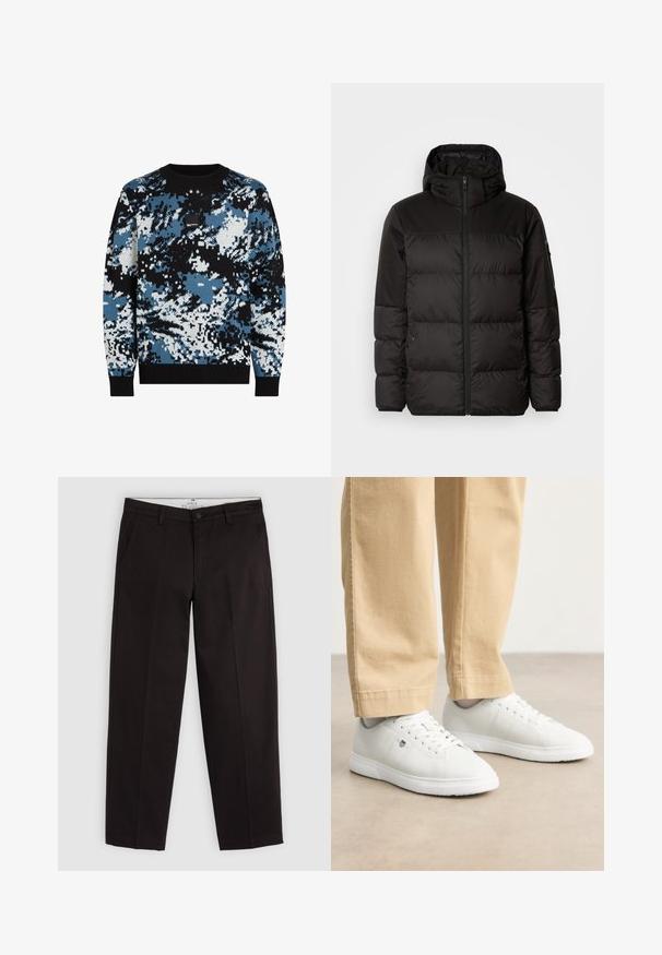 La doudoune noire est dotée d'une fermeture éclair, d'une capuche, de sections matelassées et de poignets élastiques, fabriquée à partir d'un matériau lisse et résistant à l'eau.; Pull en maille avec un motif camouflage noir, bleu et blanc, col et poignets côtelés, ainsi qu'un petit logo brodé sur la poitrine.; Chinos noirs à jambes droites avec passants de ceinture, fermeture à bouton et poches latérales, présentés sur un fond gris clair.; Baskets en cuir blanc avec une finition lisse, présentant un bout arrondi, un laçage, et un détail de logo subtil sur le côté, associées à un pantalon beige.