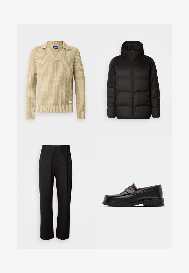 Crna puf jakna ima zatvaranje na zip, kapuljaču, kviltane dijelove i elastične manžete, izrađena je od glatkog, vodootpornog materijala.; Bež pleteni džemper s V-izrezom i rebrastom teksturom. Ima preklopljeni ovratnik. Na donjem lijevom dijelu nalazi se mala oznaka brenda.; Crne hlače ravnog kroja, izrađene od lagane tkanine. Imaju prednje kopčanje na dugme i dva bočna džepa; glatka tekstura.; Crne kožne mokasine imaju podignutu šav, dvije dekorativne trake na gornjem dijelu i debeli teksturirani đon za bolji grip.