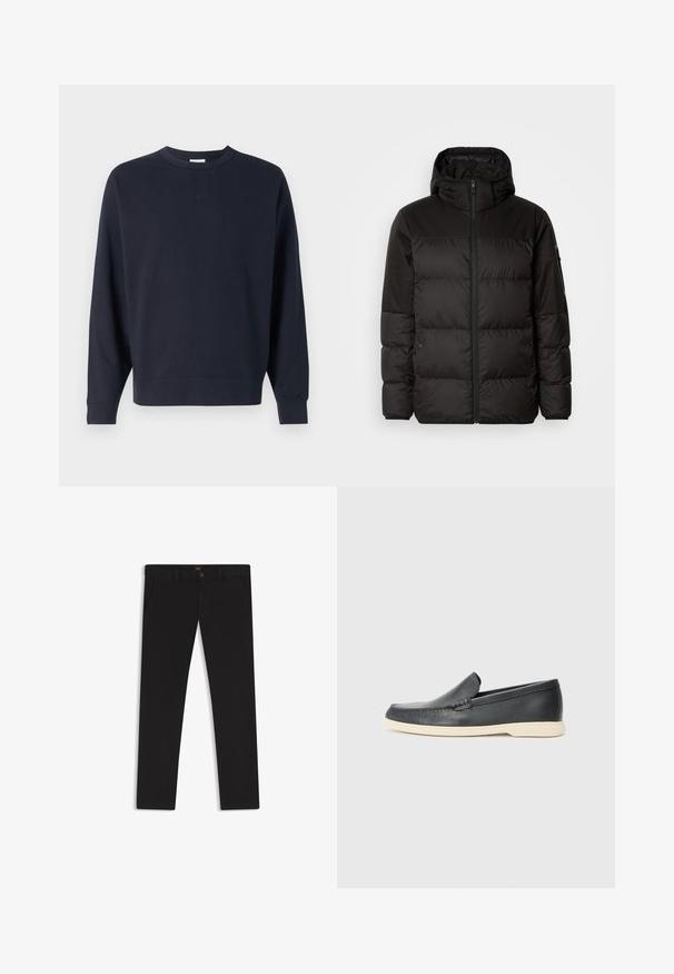 La chaqueta acolchada negra tiene un cierre de cremallera, capucha, secciones acolchadas y puños elásticos, hecha de un material suave y resistente al agua.; Sudadera azul marino hecha de algodón, con cuello redondo, mangas largas, puños de canalé y un diseño sencillo sin gráficos visibles.; Pantalones negros de tela con una textura suave. Cuentan con cierre de botón, trabillas para cinturón y bolsillos laterales. Diseño de pierna recta estándar.; Mocasines de piel negra sin cordones con un acabado texturizado y una suela de goma beige en contraste. Presentan un sutil acento en la parte frontal.