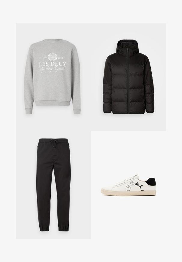 Melna pūkainā jakā iezīmes ir rāvējslēdzēja aizdare, kapuce, kvadrātveida šuves un elastīgas aproces, izgatavota no gludas, ūdensizturīgas vielas.; Gaišs pelēks džemperis ar apaļu kakla izgriezumu, kura priekšpusē ir balta drukāta uzraksts "LES DEUX Sporting Goods" un logo. Ribināti piedurkņu gali un apakša.; Melni, sašaurināti bikses no viegla auduma. Tām ir elastīga josta ar auklu, sānu kabatas un elastīgi uzmavas potītēs.; Baltas ādas sporta apavi ar melniem akcentiem pie papēža, ar izteiktu melnu uzrakstu sānos un gumijas zoli. Minimālistisks dizains.