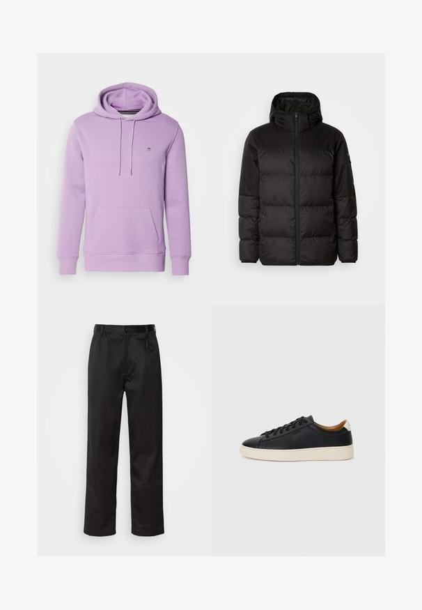 Čierna prešívaná bunda má zips, kapucňu, prešívané sekcie a elastické manžety, vyrobená z hladkého, vodeodolného materiálu.; GANT SHIELD HOODIE - Mikina - orchid lilac; Čierne nohavice vyrobené z hladkej látky, s predným zapínaním na gombík, s plisovaním a rovnými nohavicami. Žiadne viditeľné vzory ani akcenty.; Čierne kožené tenisky s hladkou textúrou, béžová gumová podrážka, viazanie a kontrastný akcent na päte.
