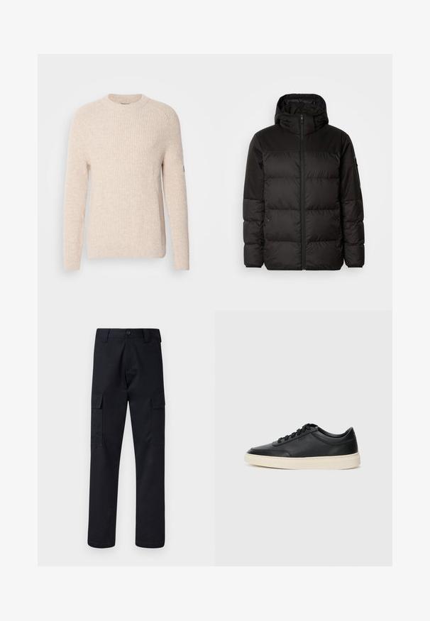 A fekete steppelt dzseki cipzáros záródással, kapucnival, steppelt részekkel és rugalmas mandzsettákkal rendelkezik, sima, vízálló anyagból készült.; bézs bordázott kötött pulóver hosszú ujjakkal, kereknyakú, és hem díszítéssel. Puha tapintású, könnyű anyag, alkalmas hétköznapi viseletre.; Fekete cargo nadrág, tartós anyagból készült, egyenes szárú fazonnal, két oldalsó zsebbel és gombos záródással a derékon.; Fekete, alacsony szárú bőrsneaker fekete fűzőkkel és törtfehér talppal, oldalnézetben, fehér háttér előtt.