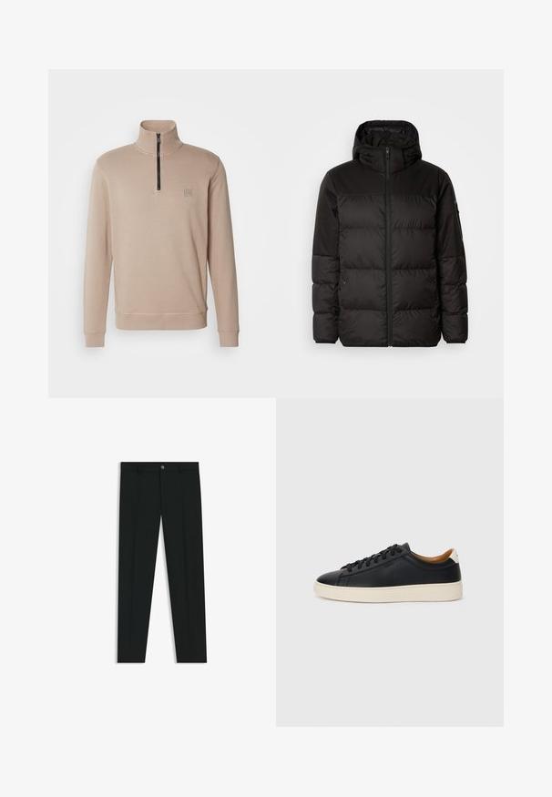 Zwarte pufferjas met ritsluiting, een capuchon, gequiltte secties en elastische manchetten, gemaakt van een glad, waterafstotend materiaal.; BOSS ZETRUST - Sweater - open brown; Zwarte dresspants met een recht pasvorm, gemaakt van een gladde stof. Heeft een sluiting met een knoop aan de voorkant en ceintuurlussen. Effen zonder patronen.; Zwarte leren sneakers met een gladde textuur, beige rubberen zool, vetersluiting en een contrasterende hielaccent.