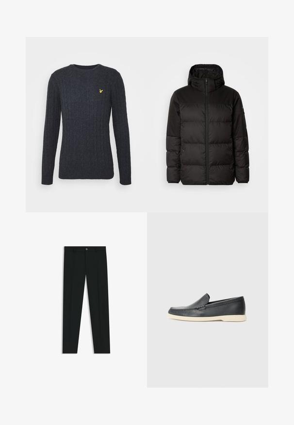 Czarna kurtka puchowa z zapięciem na zamek, kapturem, pikowanymi sekcjami i elastycznymi mankietami, wykonana z gładkiego, wodoodpornego materiału.; Lyle & Scott CABLE JUMPER - Sweter; Czarne spodnie materiałowe z prostymi nogawkami, wykonane z gładkiego materiału. Posiadają zamek na guzik z przodu oraz szlufki na pasek. Gładkie, bez wzorów.; Czarne skórzane slip-ony w stylu loafers z teksturowanym wykończeniem i kontrastującą beżową gumową podeszwą. Posiadają delikatny akcent wzdłuż przodu.