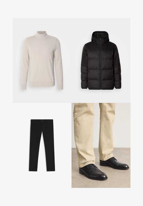 Black puffer jacket features a zip closure, a hood, quilted sections, and elastic cuffs, made from a smooth, water-resistant material.; Light beige turtleneck sweater made of soft fabric. Features ribbed cuffs and hem, with a subtle logo on the chest. Classic design.; Black trousers made of fabric with a smooth texture. Features a button closure, belt loops, and side pockets. Standard straight-leg design.; Black leather lace-up shoes with a rounded toe, smooth finish, and subtle stitching details, worn with light beige pants.
