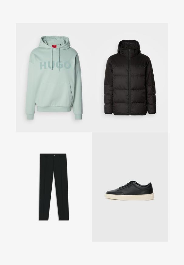 Svart puffjacka med blixtlås, huva, quiltade sektioner och elastiska mudd, tillverkad av ett slätt, vattentåligt material.; Ljusgrön huvtröja med framficka, snörning i huvan och "HUGO" tryckt över bröstet med stora bokstäver.; Svarta dressbyxor med rak bendesign, gjorda av ett mjukt tyg. Har stängning med frontknapp och bälteshällor. Enfärgade utan mönster.; Svart låg skor i läder med svarta snören och off-white sula, visas i sidoprofil på vit bakgrund.