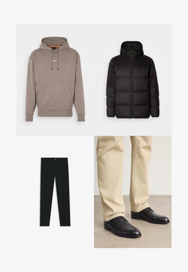 Musta puhvijakku sisältää vetoketjun, hupun, tilkuista koostuvia osioita ja joustavat hihansuut. Se on valmistettu sileästä, vedenpitävästä materiaalista.; Beige-huppari, jossa on huppu, etutasku ja ribbineulehihat. Rinnan kohdalla on valkoinen "BOSS"-logo.; Musta housut, joissa on suora lahje, valmistettu sileästä kankaasta. Edessä nappisulku ja vyölenkit. Yksinkertainen ilman kuvioita.; Musta nahkakengät nauhalla, pyöreällä kärjellä, sileällä pinnalla ja hienovaraisilla ompelutiedoilla, käytettynä vaaleanbeigejen housujen kanssa.