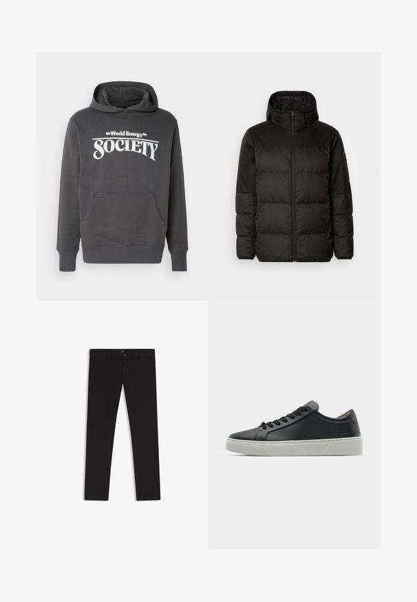 Svart puffjacka med blixtlås, huva, quiltade sektioner och elastiska mudd, tillverkad av ett slätt, vattentåligt material.; Grå hoodie av mjukt material med en framficka, ribbat ärmslut och "World Energy Society" tryckt med vit text på bröstet.; Svarta byxor gjorda av tyg med en slät textur. Har en knäppning med knapp, bälteshällor och sidofickor. Standard rakt ben-design.; Svart lädersneaker med en slät yta, rund tå och svarta skosnören. Har en tjock, vit gummisula med subtila geometriska accenter.