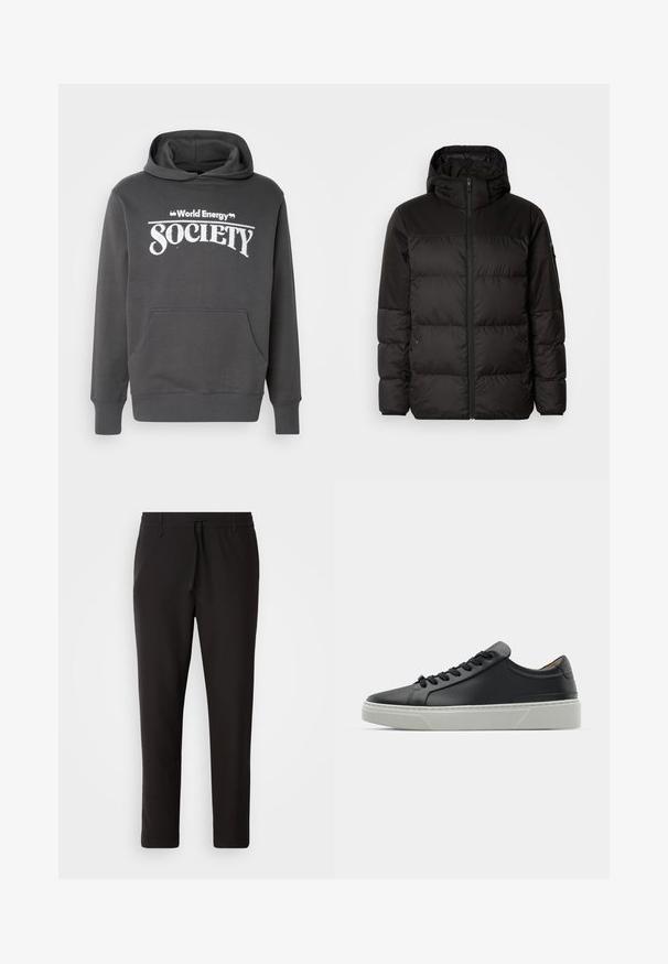 Crna puf jakna ima zatvaranje na zip, kapuljaču, kviltane dijelove i elastične manžete, izrađena je od glatkog, vodootpornog materijala.; Sivi dukserica s kapuljačom od mekanog materijala koja ima prednji džep, rebraste manžete i natpis "Svjetsko energetsko društvo" ispisan u bijelom na prsima.; Crne jogger hlače od glatkog materijala. Imaju elastičnu waistband s vezicom, sužene nogavice i bez vidljivih džepova. Jednostavan dizajn.; Crne kožne tenisice s glatkom teksturom, okruglim vrhom i crnim čipkastim vezicama. Imaju debeo bijeli gumeni potplat s suptilnim geometrijskim naglascima.