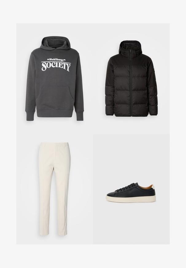 Crna puf jakna ima zatvaranje na zip, kapuljaču, kviltane dijelove i elastične manžete, izrađena je od glatkog, vodootpornog materijala.; Sivi dukserica s kapuljačom od mekanog materijala koja ima prednji džep, rebraste manžete i natpis "Svjetsko energetsko društvo" ispisan u bijelom na prsima.; Pantalone boje kreme s teksturiranim materijalom. Ima ravne nogavice, petlje za pojas i dvije prednje džepove. Bez uzoraka.; Crne kožne tenisice s glatkom teksturom, bež gumeni đon, dizajn s vezicama i kontrastni detalj na peti.