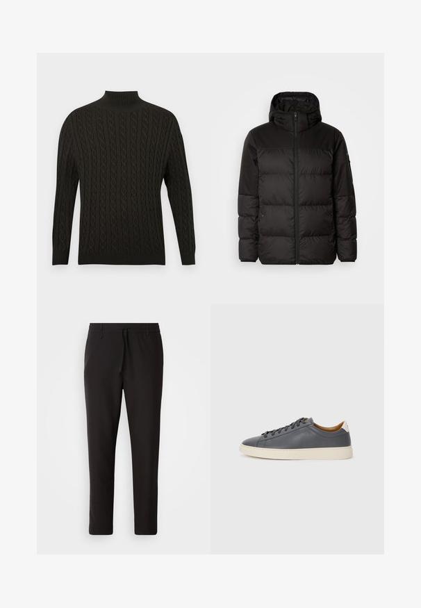 A jaqueta puffer preta apresenta um fecho zip, um capuz, secções acolchoadas e punhos elásticos, confeccionada em um material liso e resistente à água.; Pullover de malha preta com gola alta tipo turtle neck, design de cabos texturizados, mangas compridas e punhos e bainha canelados.; Calças de jogging pretas feitas de tecido liso. Apresentam uma cintura elástica com cordão, pernas ligeiramente ajustadas e sem bolsos visíveis. Design simples.; Sapatilha de couro cinza com biqueira redonda, sola de borracha, atacadores planos e detalhes de cor clara no calcanhar. Textura suave e design minimalista.