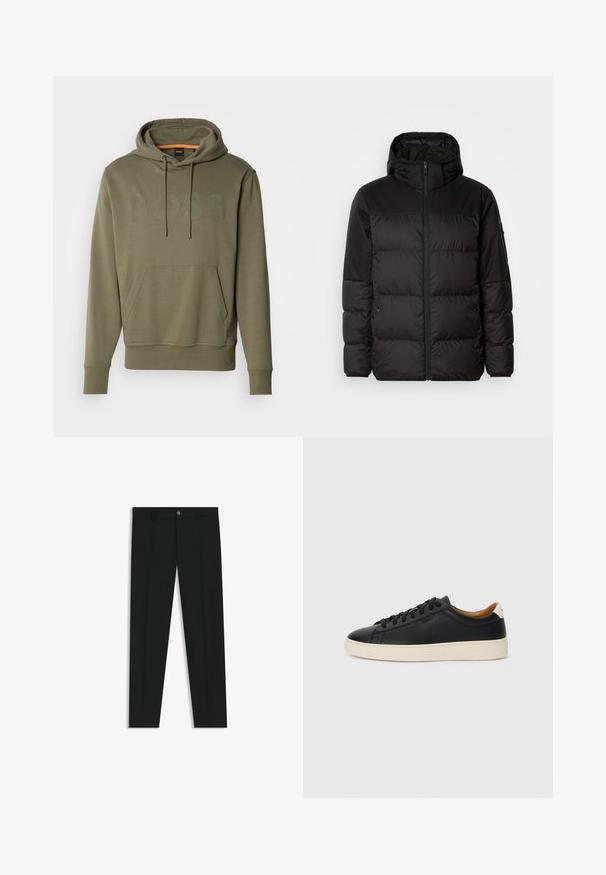Schwarze Pufferjacke mit Reißverschluss, Kapuze, gesteppten Abschnitten und elastischen Bündchen, hergestellt aus einem glatten, wasserabweisenden Material.; Olivgrüner Hoodie mit einem großen "BOSS"-Logo in einem etwas dunkleren Farbton. Verfügt über eine große Kängurutasche und eine verstellbare Kapuze mit Zugband.; Schwarze Anzughosen mit geradem Bein, aus glattem Stoff. Mit Knopfverschluss vorne und Gürtelschlaufen. Schlicht ohne Muster.; Schwarze Ledersneaker mit glatter Textur, beiger Gummisohle, Schnürdesign und einem kontrastierenden Fersenakzent.