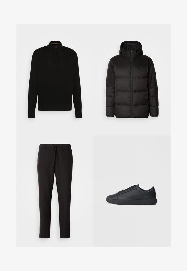 Black puffer jacket features a zip closure, a hood, quilted sections, and elastic cuffs, made from a smooth, water-resistant material.; Black pullover sweater with a high collar, half-zip closure, knitted texture, and ribbed cuffs and hem. Simple and sleek design.; Black jogger pants made of smooth fabric. Feature an elastic waistband with a drawstring, tapered legs, and no visible pockets. Simple design.; Black sneakers made of smooth leather with a low-top design, round toe, and flat rubber sole. Features laces and subtle branding.