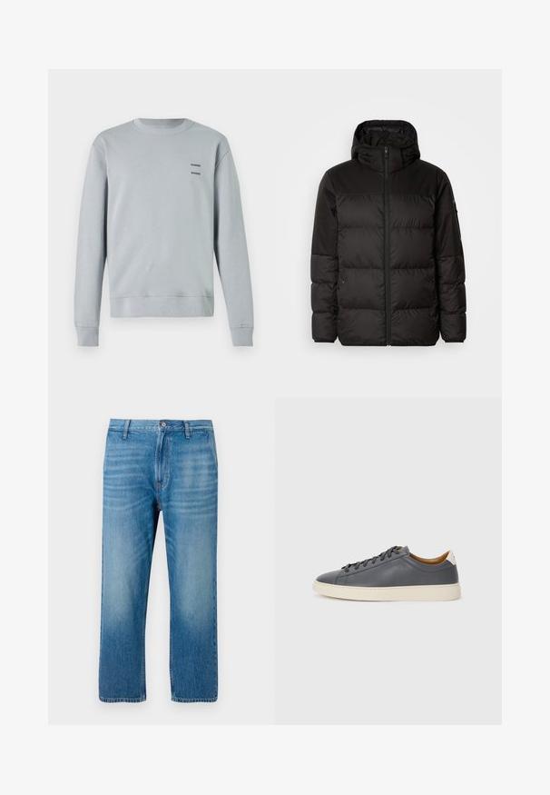 La chaqueta acolchada negra tiene un cierre de cremallera, capucha, secciones acolchadas y puños elásticos, hecha de un material suave y resistente al agua.; Sudadera gris claro hecha de tela suave, con cuello redondo, puños y dobladillo acanalados, y dos logotipos negros de "SAMSØE" en el pecho.; Jeans de denim azul claro con corte recto, diseño de cinco bolsillos, cierre de botón y un ligero desvanecimiento en el frente. Sin patrones visibles.; Zapatilla de cuero gris con puntera redonda, suela de goma, cordones planos y acentos de color claro en el talón. Textura suave y diseño minimalista.