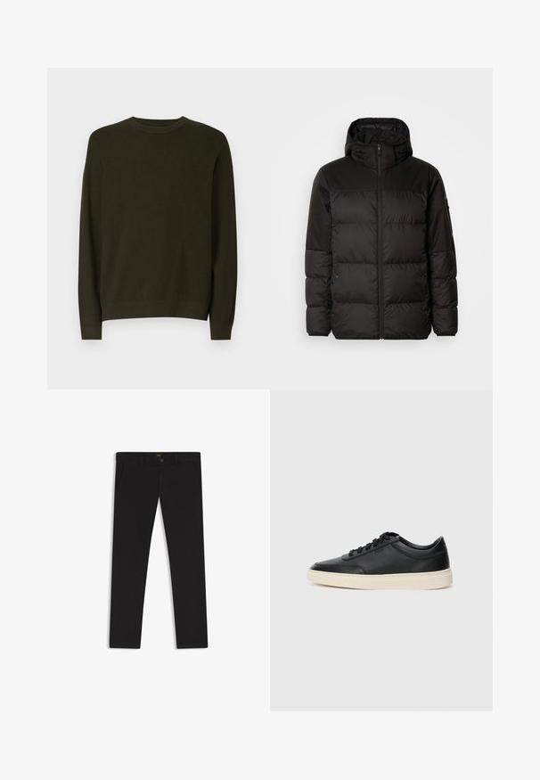 Black puffer jacket features a zip closure, a hood, quilted sections, and elastic cuffs, made from a smooth, water-resistant material.; Dark green knitted sweater, round neckline, long sleeves, ribbed texture, and fitted hem. Simple design, no visible patterns or accents.; Black trousers made of fabric with a smooth texture. Features a button closure, belt loops, and side pockets. Standard straight-leg design.; Black low-top leather sneaker with black laces and off-white sole shown in side profile on white background.