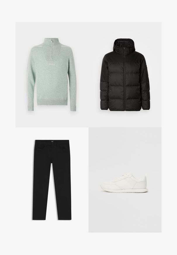 Il giubbotto puffo nero presenta una chiusura con zip, un cappuccio, sezioni trapuntate e polsini elastici, realizzato in un materiale liscio e resistente all'acqua.; Pullover a maglia di colore verde chiaro con colletto alto, chiusura a mezza zip, texture a coste e strisce laterali bianche. Presenta un ricamo del logo sul davanti.; Pantaloni in denim nero con taglio dritto, dotati di vita standard, cinque tasche e chiusura con bottone. Texture liscia su tutta la superficie.; Sneaker bianco con tomaia in rete e materiale sintetico, punta tonda, lacciuoli piatti e una striscia laterale testurizzata. Suola in gomma con linguetta sul retro.