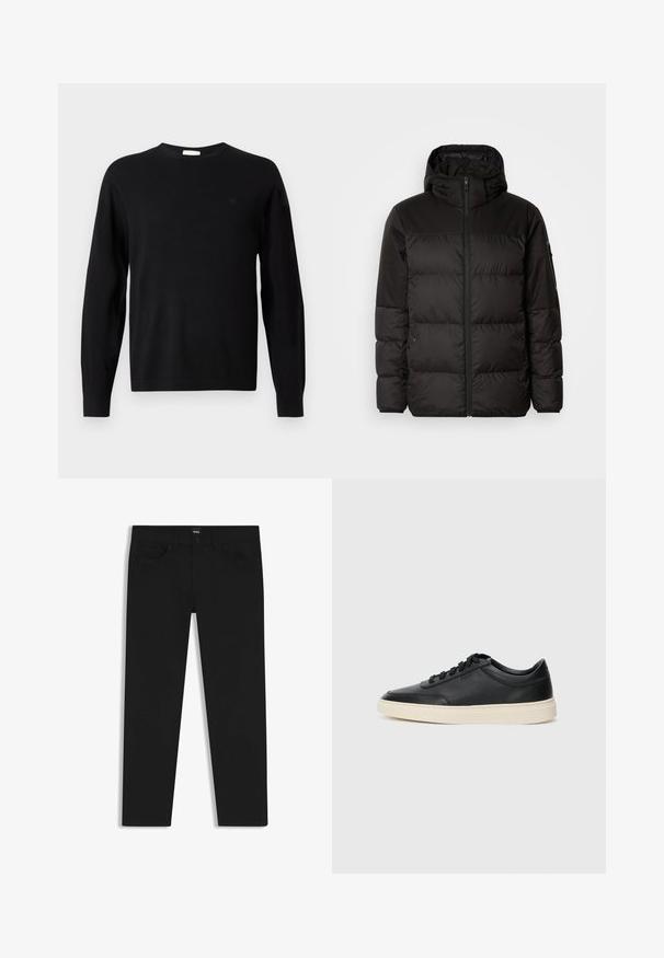 Il giubbotto puffo nero presenta una chiusura con zip, un cappuccio, sezioni trapuntate e polsini elastici, realizzato in un materiale liscio e resistente all'acqua.; Maglione girocollo a maniche lunghe nero con il logo "cK" sottile sul lato sinistro del petto, polsini e orlo a coste, presentato su sfondo bianco.; Pantaloni in denim nero con taglio dritto, dotati di vita standard, cinque tasche e chiusura con bottone. Texture liscia su tutta la superficie.; Sneaker in pelle nera a basso profilo con lacci neri e suola avorio, mostrato di profilo su sfondo bianco.