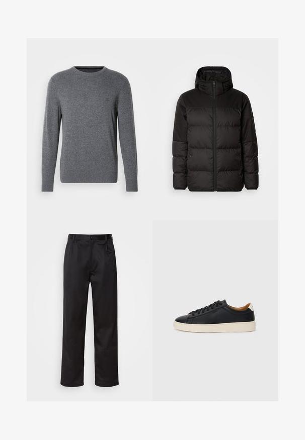 La chaqueta acolchada negra tiene un cierre de cremallera, capucha, secciones acolchadas y puños elásticos, hecha de un material suave y resistente al agua.; Suéter de punto gris con cuello redondo y mangas largas. Presenta puños y dobladillo acanalados, textura suave y un pequeño logo en el pecho.; Pantalones negros de tela suave, con cierre delantero de botón, pliegues y patas rectas. Sin patrones ni acentos visibles.; Zapatillas negras de cuero con una textura suave, suela de goma beige, diseño de cordones y un acento en el talón de color contrastante.