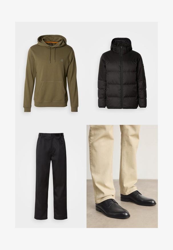 Črna zimska jakna ima zadrgo, kapuco, prešite odseke in elastične manšete, izdelana je iz gladkega, vodoodpornega materiala.; Olivno zelen sweatshirt iz mehkega materiala, z sprednjo žepno, nastavljivo kapuco z vrvico in diskretno oznako na prsih.; Črne hlače iz gladkega materiala, ki imajo sprednjo zaponko, naborke in ravne noge. Brez vidnih vzorcev ali okraskov.; Črne usnjene čevlje z vezalkami in zaobljenim prstom, gladke površine in diskretnimi šivi, oblečene z svetlo bež hlačami.