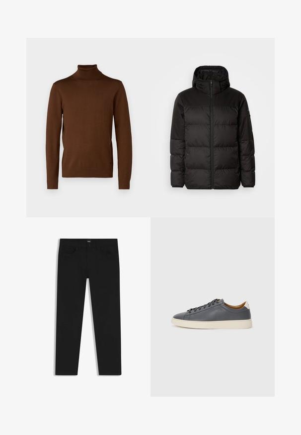 Zwarte pufferjas met ritsluiting, een capuchon, gequiltte secties en elastische manchetten, gemaakt van een glad, waterafstotend materiaal.; JOOP! DONTE - Trui - rust/copper; Zwarte denim broek met een rechte snit, voorzien van een standaard tailleband, vijf zakken en een knoopsluiting. Gladde textuur overal.; Grijze leren sneaker met ronde neus, rubberen zool, platte veters en lichte accenten op de hiel. Gladde textuur en minimalistisch ontwerp.