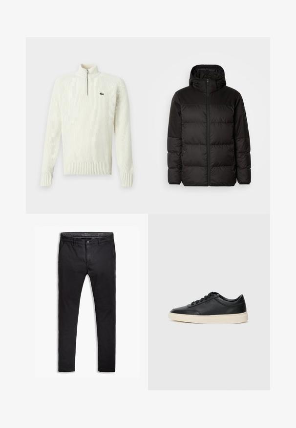 Black puffer jacket features a zip closure, a hood, quilted sections, and elastic cuffs, made from a smooth, water-resistant material.; Cream-colored knitted zip-up sweater with ribbed texture, high collar, and a small green logo on the left chest. Long sleeves and fitted hem.; Black cotton chinos with a tapered fit, featuring five pockets, belt loops, and a smooth texture. Zip fly with a button closure.; Black low-top leather sneaker with black laces and off-white sole shown in side profile on white background.