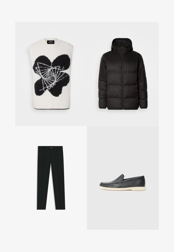 La doudoune noire est dotée d'une fermeture éclair, d'une capuche, de sections matelassées et de poignets élastiques, fabriquée à partir d'un matériau lisse et résistant à l'eau.; Pull sans manches en crème avec un motif de fleur abstraite noire. Fabriqué en tissu doux, il présente un col rond et un ourlet côtelé.; Pantalons noirs avec une coupe droite, fabriqués en tissu lisse. Présente une fermeture éclair à l'avant et des passants de ceinture. Unis sans motifs.; Mocassins noirs en cuir à enfiler avec une finition texturée et une semelle en caoutchouc beige contrastante. Présente un accent subtil sur le devant.
