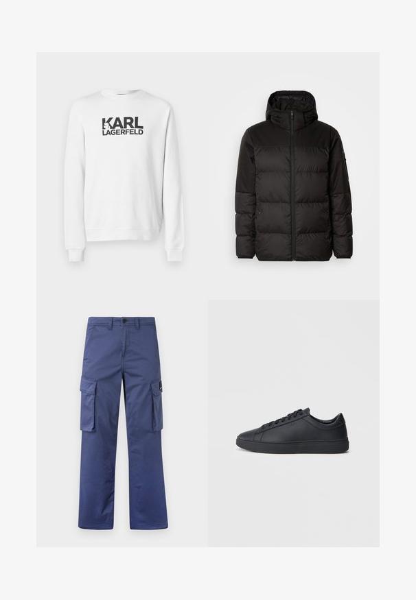 A fekete steppelt dzseki cipzáros záródással, kapucnival, steppelt részekkel és rugalmas mandzsettákkal rendelkezik, sima, vízálló anyagból készült.; Fehér pulóver, amelynek elején egy nagy fekete "KARL LAGERFELD" logo található. Klasszikus kerek nyak, bordázott mandzsetta és szegély. Pamut anyag.; Tengerészeti cargo nadrág tartós anyagból, oldalsó zsebekkel, egyenes szabású dizájnnal és gombos derékkal.; Fekete sportcipők sima bőrből, alacsony szárú kivitelben, kerek orral és lapos gumitalppal. Zsinóros rögzítéssel és diszkrét márkajelzéssel rendelkezik.