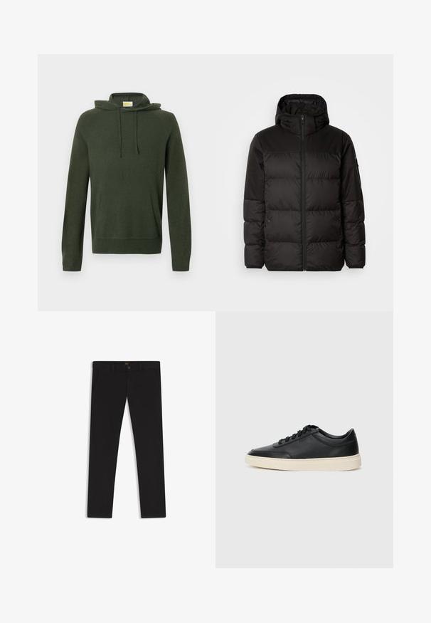 Il giubbotto puffo nero presenta una chiusura con zip, un cappuccio, sezioni trapuntate e polsini elastici, realizzato in un materiale liscio e resistente all'acqua.; Felpa verde oliva con cappuccio regolabile, tasca frontale, polsini e orlo a coste. Realizzata in materiale morbido con una consistenza liscia.; Pantaloni neri realizzati in tessuto con una superficie liscia. Presentano una chiusura con bottone, passanti per cintura e tasche laterali. Design a gamba dritta standard.; Sneaker in pelle nera a basso profilo con lacci neri e suola avorio, mostrato di profilo su sfondo bianco.