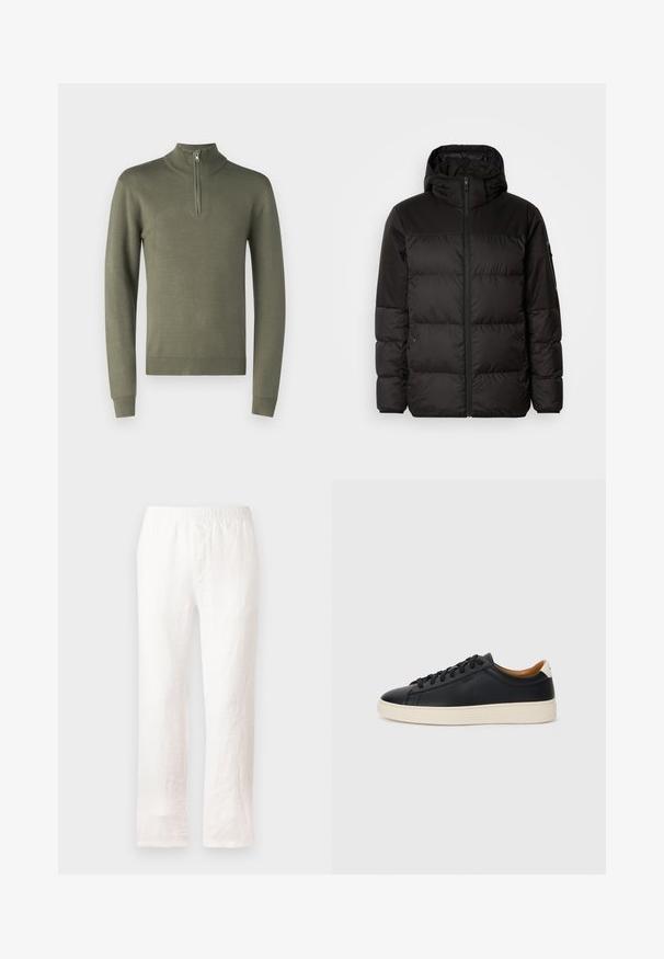 Geacă puffer neagră cu închidere cu fermoar, glugă, secțiuni quilted și manșete elastice, realizată dintr-un material neted, rezistent la apă.; Pulover de culoare verde măsliniu, cu guler înalt și fermoar pe jumătate. Dispune de mâneci lungi și de manșete și tiv cu elastic, fabricat dintr-un material tricotat moale.; Pantaloni din in alb cu talie elastică, design cu picioare drepte și țesătură ușor texturată. Fără modele sau detalii suplimentare.; Căști din piele neagră cu o textură netedă, talpă din cauciuc bej, design cu șireturi și un accent contrastant la călcâi.