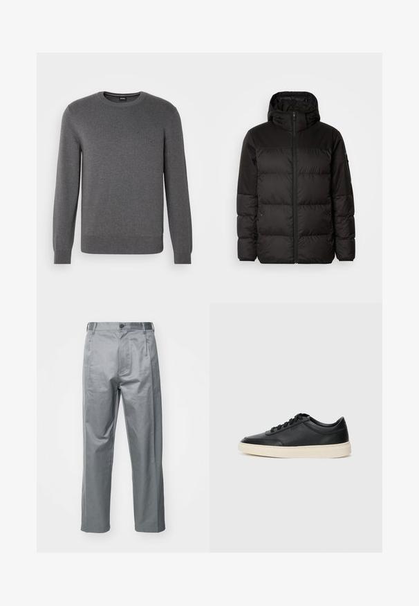 Μαύρο μπουφάν με φερμουάρ, κουκούλα, παραγεμισμένα τμήματα και ελαστικές μανσέτες, κατασκευασμένο από λείο, αδιάβροχο υλικό.; Γκρι πλεκτό πουλόβερ με στρογγυλή λαιμόκοψη, μακριά μανίκια, ριμπ μανσέτες και ένα μικρό λογότυπο στο στήθος. Απαλή υφή και χαλαρός σχεδιασμός.; Γκρι βαμβακερό παντελόνι με ίσια γραμμή, διαθέτει μπροστινό κλείσιμο με κουμπί, θηλιές για ζώνη και πλαϊνές τσέπες.; Μαύρο δερμάτινο σνίκερ χαμηλού προφίλ με μαύρες κορδόνες και ελαφρώς λευκή σόλα, εμφανίζεται σε πλάγια προφίλ σε λευκό φόντο.