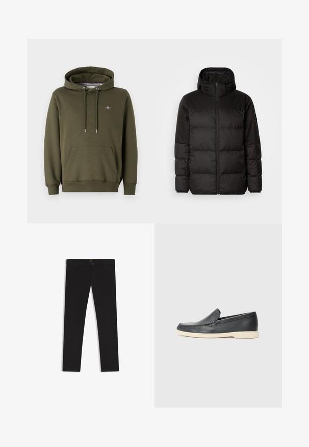 Zwarte pufferjas met ritsluiting, een capuchon, gequiltte secties en elastische manchetten, gemaakt van een glad, waterafstotend materiaal.; Olijfgroene hoodie van katoenmix, met een voorzak, verstelbare koordjes en een klein logo op de borst.; Zwarte broek van stof met een gladde textuur. Bevat een knoopsluiting, riemlussen en zijzakken. Standaard straight-leg ontwerp.; Zwarte leren instappers met een gestructureerde afwerking en een contrasterende beige rubberen zool. Beschikt over een subtiele accent langs de voorkant.