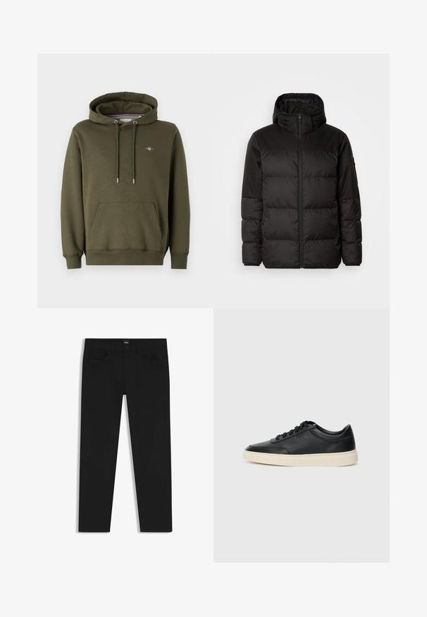 Black puffer jacket features a zip closure, a hood, quilted sections, and elastic cuffs, made from a smooth, water-resistant material.; Olive green hoodie made of cotton blend fabric, featuring a front pouch pocket, adjustable drawstrings, and a small logo on the chest.; Black denim trousers with a straight cut, featuring a standard waistband, five pockets, and a button closure. Smooth texture throughout.; Black low-top leather sneaker with black laces and off-white sole shown in side profile on white background.