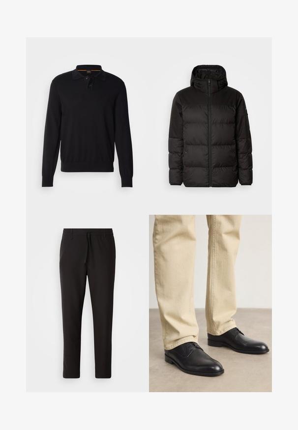 Black puffer jacket features a zip closure, a hood, quilted sections, and elastic cuffs, made from a smooth, water-resistant material.; Black long-sleeve polo with a collared neck, featuring two buttons, ribbed cuffs, and a subtle logo on the chest. Soft, knit texture.; Black jogger pants made of smooth fabric. Feature an elastic waistband with a drawstring, tapered legs, and no visible pockets. Simple design.; Black leather lace-up shoes with a rounded toe, smooth finish, and subtle stitching details, worn with light beige pants.