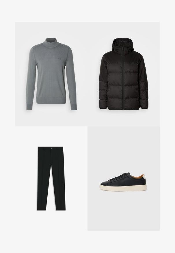 Schwarze Pufferjacke mit Reißverschluss, Kapuze, gesteppten Abschnitten und elastischen Bündchen, hergestellt aus einem glatten, wasserabweisenden Material.; Grau gestrickter Pullover mit einem gerippten Rollkragen, langen Ärmeln und einem figurbetonten Saum. Minimalistisches Design mit einem kleinen schwarzen Logo auf der Brust.; Schwarze Anzughosen mit geradem Bein, aus glattem Stoff. Mit Knopfverschluss vorne und Gürtelschlaufen. Schlicht ohne Muster.; Schwarze Ledersneaker mit glatter Textur, beiger Gummisohle, Schnürdesign und einem kontrastierenden Fersenakzent.