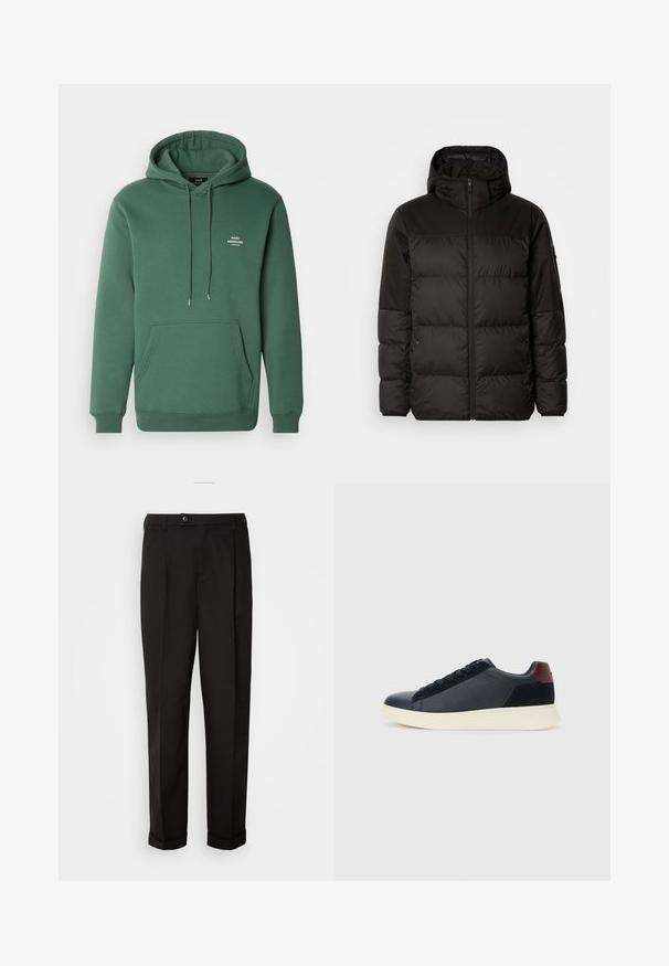 Mustikas puffer-jakk sisaldab tõmblukku, kapuutsi, tikandiga osi ja elastseid mansette, valmistatud siledast veekindlast materjalist.; Roheline kapuutsiga monstrum pehmest materjalist, millel on eesmine tasku, nöörid ja väike valge logo rinnal. Klassikaline lõige ja soonikvarrukad.; Mustad püksid siledast kangast, sirge lõikega, kahe esipocketiga ja ühe nööbiga vöökoha kinnitamiseks.; Madala stiilis meeste toss mustast nahast ja seemisnahast, marooni värvi kanna detailiga ja valge kummist tallaga, vaatega välisküljelt.