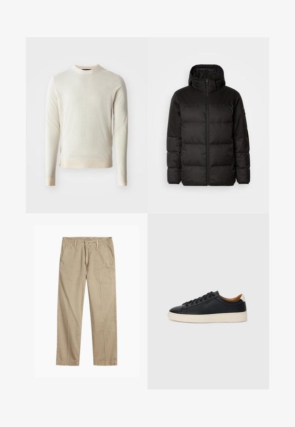 A fekete steppelt dzseki cipzáros záródással, kapucnival, steppelt részekkel és rugalmas mandzsettákkal rendelkezik, sima, vízálló anyagból készült.; Világos bézs kötött pulóver hosszú ujjakkal és kerek nyakkivágással. Texturált anyag sima felülettel, bordás szegéllyel és mandzsettákkal.; Beige egyenes szárú chino nadrág övhurkokkal, elülső gombos és cipzáras záródással, valamint ferde elülső zsebekkel.; Fekete bőr sportcipők sima felülettel, bézs gumitalppal, fűzős dizájnnal és kontrasztos sarkú akcentussal.