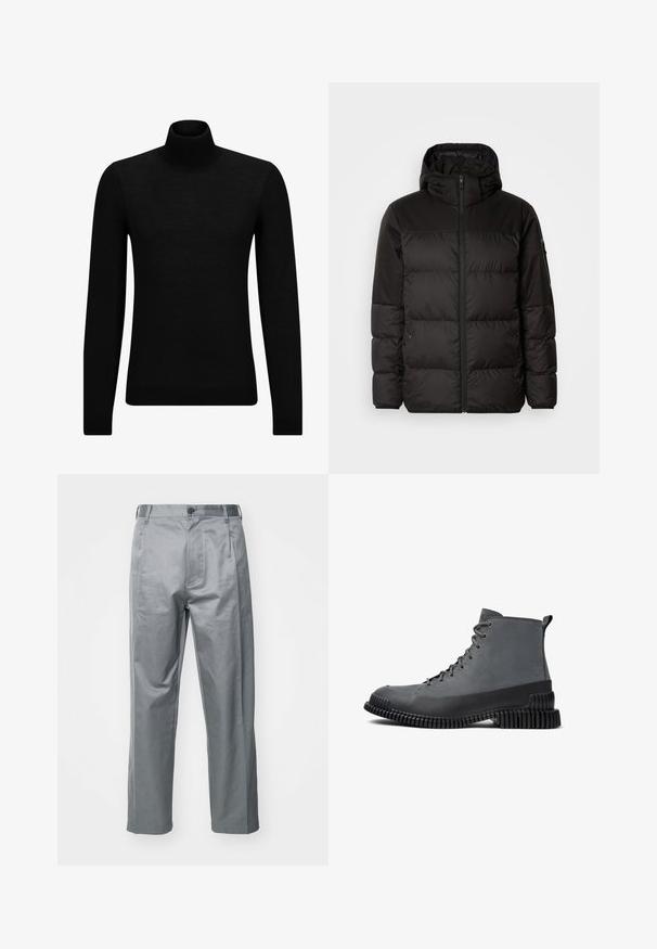 Czarna kurtka puchowa z zapięciem na zamek, kapturem, pikowanymi sekcjami i elastycznymi mankietami, wykonana z gładkiego, wodoodpornego materiału.; Czarny sweter z golfem wykonany z miękkiego materiału, z długimi rękawami i dopasowanym krojem. Żebrowane wykończenie na dolnym brzegu i mankietach. Prosty design.; Szare spodnie z mieszanki bawełny o prostym kroju, z zapięciem na guziki z przodu, szlufkami na pasek i bocznymi kieszeniami.; Szare botki za kostkę z gładką skórzaną cholewką, okrągłym noskiem, grubą gumową podeszwą i teksturowanym żebrowanym wzorem dla lepszej przyczepności.
