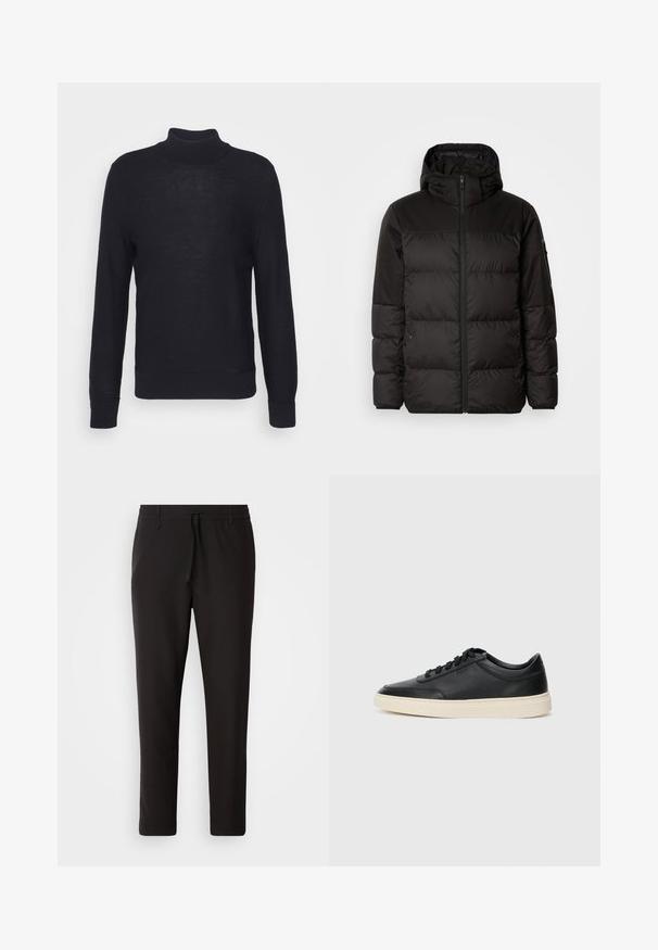 Zwarte pufferjas met ritsluiting, een capuchon, gequiltte secties en elastische manchetten, gemaakt van een glad, waterafstotend materiaal.; Zwarte coltrui gemaakt van lichte stof, met lange mouwen en geribbelde boorden en zoom. Subtiele tonale branding op de borst.; Zwarte joggingsbroek van gladde stof. Kenmerkt zich door een elastische tailleband met een trekkoord, taps toelopende benen en geen zichtbare zakken. Eenvoudig ontwerp.; Zwarte leren sneaker met lage schacht, zwarte veters en off-white zool, weergegeven in zijprofiel op een witte achtergrond.