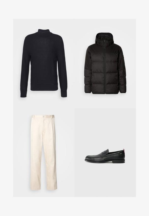 Mustikas puffer-jakk sisaldab tõmblukku, kapuutsi, tikandiga osi ja elastseid mansette, valmistatud siledast veekindlast materjalist.; Must mustris, mis kergest kangast, millel on pikad varrukad ning soonikkoes äärised ja alläär. Rinnal diskreetne tonaline bränding.; Beesidised puuvillased püksid sirge jala lõikega, mis on varustatud nööpkinnituse ja ees olevate voltidega, et lisada detaili.; Mustad mustad nahast loafers tekstuuriga esipaneeli ja siledate külgedega. Omab peent kand ja tagumist silmust lihtsaks selga panemiseks. Klassikaline disain.